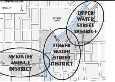 The redevelopment area is divided into three districts