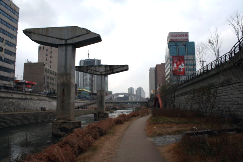 Freeway supports in the restored river.